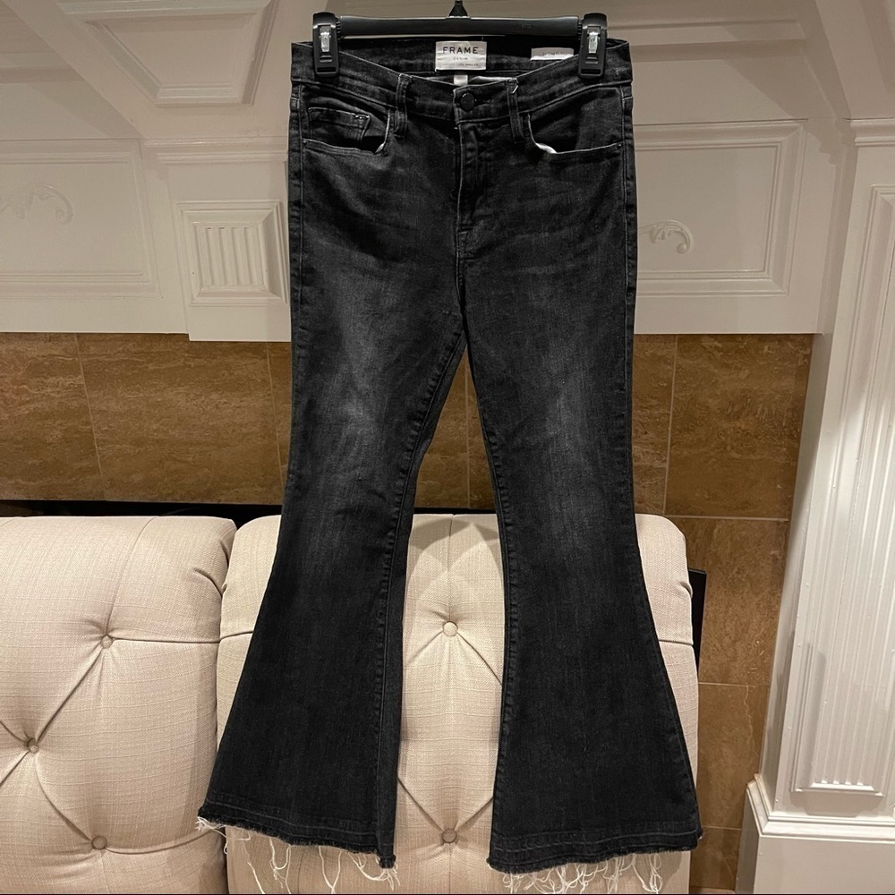 AD: FRAME Le Crop Bell flared denim jeans Black Sz 27